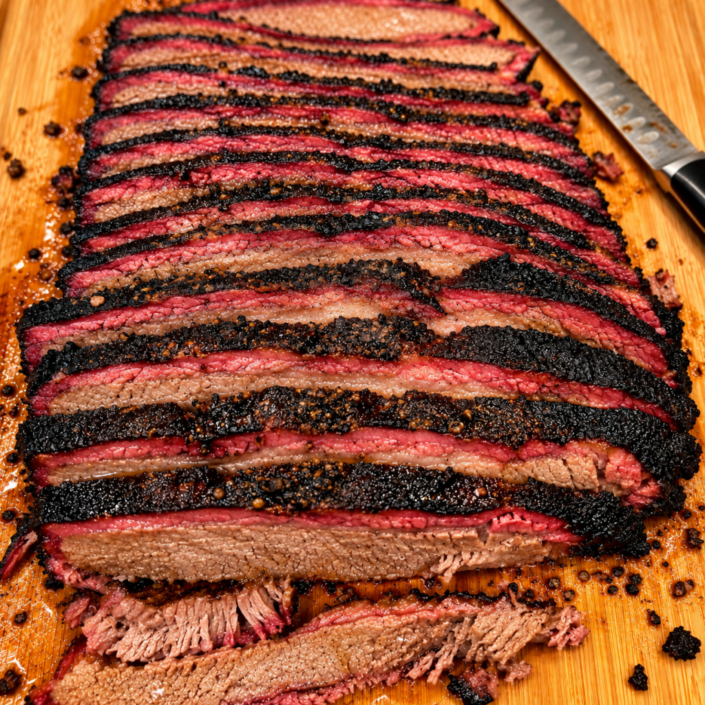 Chris & Ana's Smokehouse sliced smoked brisket with bark and smoke ring