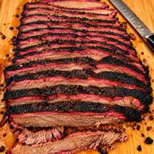 Chris & Ana's Smokehouse sliced smoked brisket with bark and smoke ring
